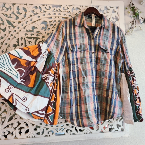 THE MORGAN FACTORY UPCYCLED PLAID LONG SLEEVE TOP BUTTUN DOWN SIZE MEDIUM - Picture 7 of 14